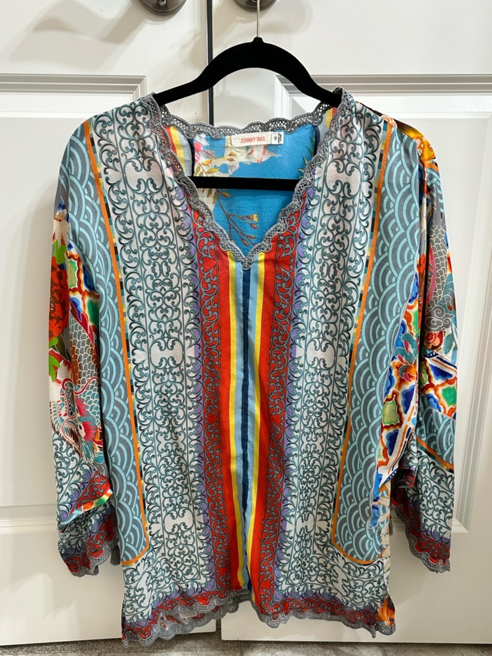 Johnny Was Aqua & Multicolor Striped Floral Boho Blouse